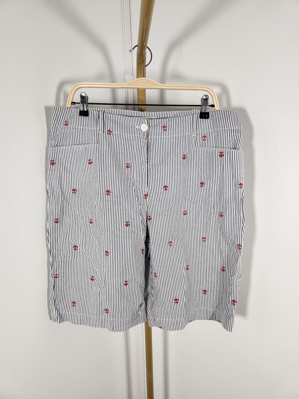 Talbots White and Navy Striped Embroidered Anchors Bermuda Shorts